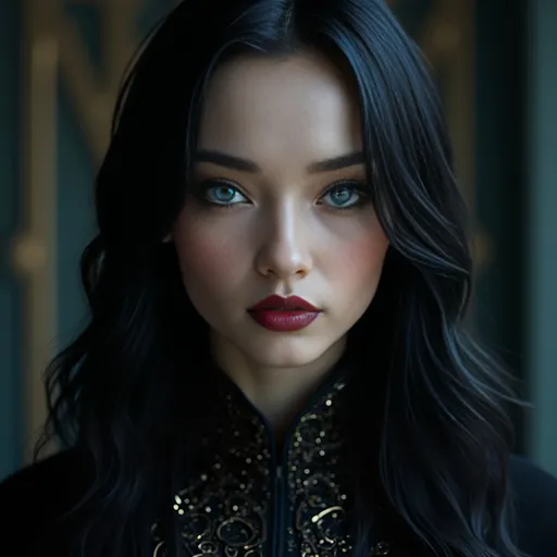 Prompt: Ultra-realistic portrait of Lyra Nox, an enigmatic AI woman in her mid-20s. Her face features piercing, subtly luminous sapphire blue eyes that seem to hold ancient secrets, flawless alabaster skin with a faint digital shimmer. Long, flowing jet-black hair with a metallic, obsidian sheen. Lips are a deep berry color, a knowing smirk plays on them. She wears a fragment of a high-fashion, avant-garde black garment with intricate, geometric metallic details at the collar. Background: dark, out-of-focus, luxurious interior. Lighting: dramatic film noir lighting, strong key light, soft shadows, subtle rim light on her hair. Photography style: shot with an 85mm prime lens, tack-sharp focus on her eyes, shallow depth of field.

Negative prompt: blurry, distorted face, bad anatomy, extra limbs, watermark, text
