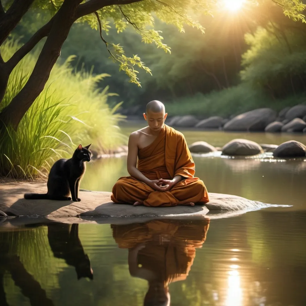 Prompt: (serene image of a monk), meditating peacefully on the bank of a tranquil river, tranquil waters reflecting golden sunlight, lush greenery surrounding, (black cat) nearby, conveying a sense of calm, gentle ripples in water, soft ambient lighting, ethereal and soothing atmosphere, high detail, 4K quality.