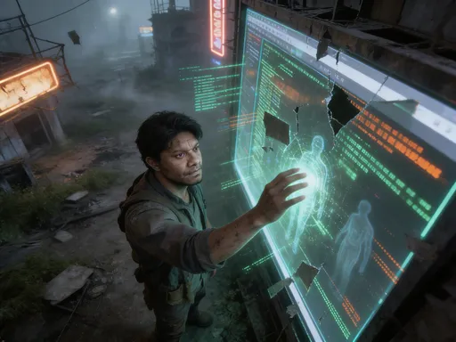 Prompt: masterpiece, best quality, cinematic, post-apocalyptic wasteland, a rugged handsome man with black hair and a cold, weary expression, touching the flickering, damaged remnants of a giant holographic electronic screen. The screen glitches with corrupted, jumping code and static. Overhead view, stream of consciousness visualized as fragmented data and digital ghosts. The man faces the viewer with a look of determination or loss. His clothes are worn and practical, face smudged with dirt. Photorealistic, gritty texture, sharp focus. Composition is unconventional and chaotic. The background is a ruined, overgrown cityscape with toxic fog and dim, ambient light from broken neon signs. High contrast, desaturated color palette with accents of sickly green and orange from the dying scree