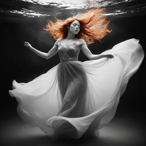 Prompt: A women with red hair and a beautiful gown color rose in the style - stark black - and -  white photography ethereal dreamscapes, art of Tonga, Flickr, suspended hanging, lively movement portrayal, golden shines upon it - v5