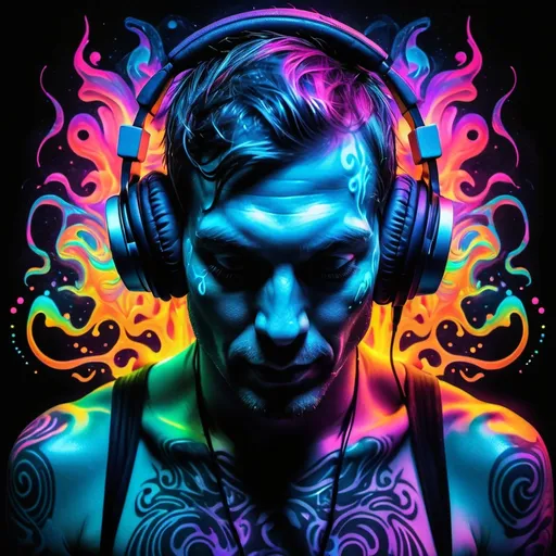 Prompt: psychedelic dj pic, melting, glowing, tattoos, headphones