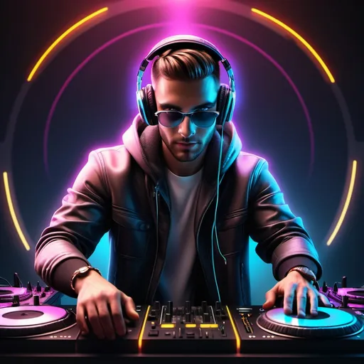 Prompt: hyper-realistic male dj with a headset spinning tunes at a dj deck, warm, glow, neon