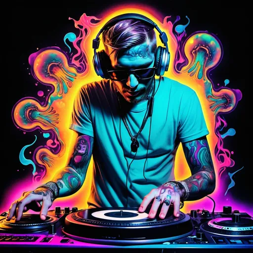 Prompt: psychedelic dj pic, melting, glowing, tattoos, headphones, turntables, microphone