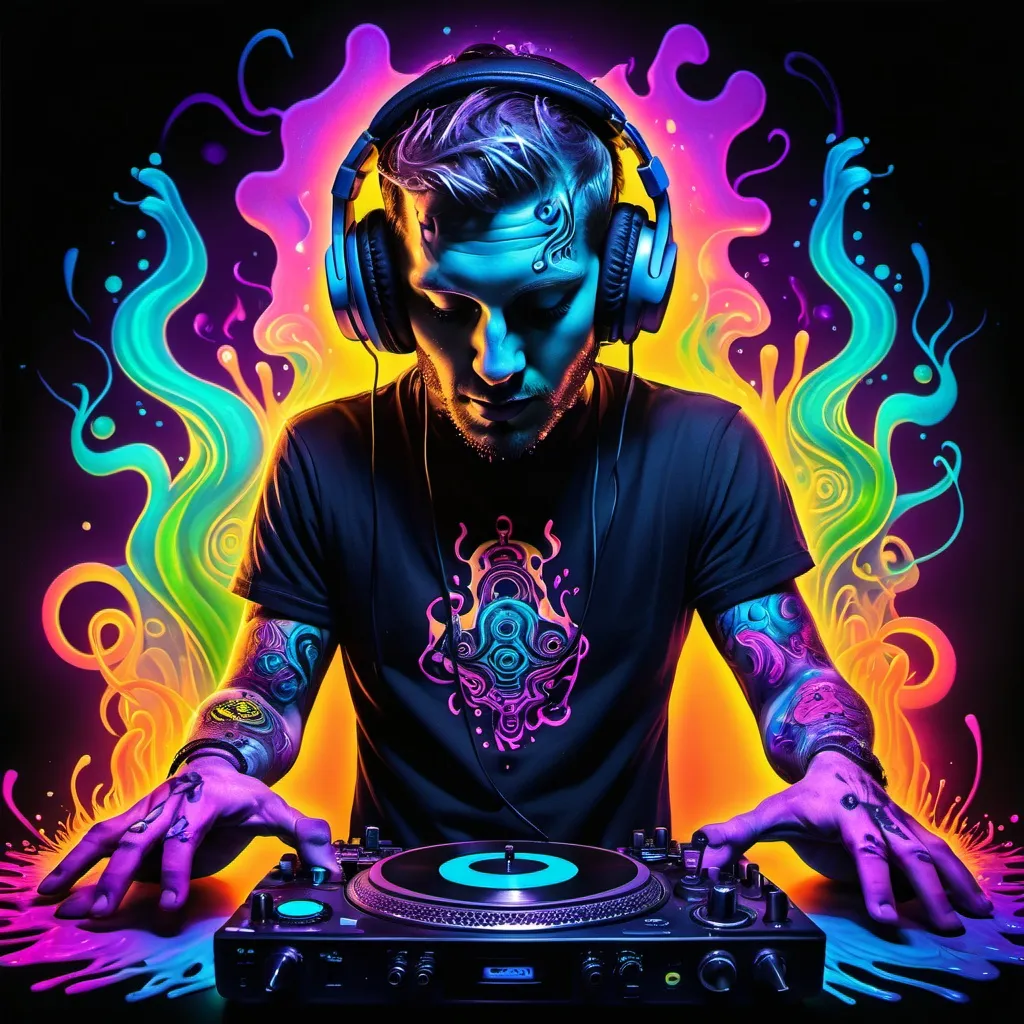 Prompt: psychedelic dj pic, melting, glowing, tattoos, headphones, turntables, microphone