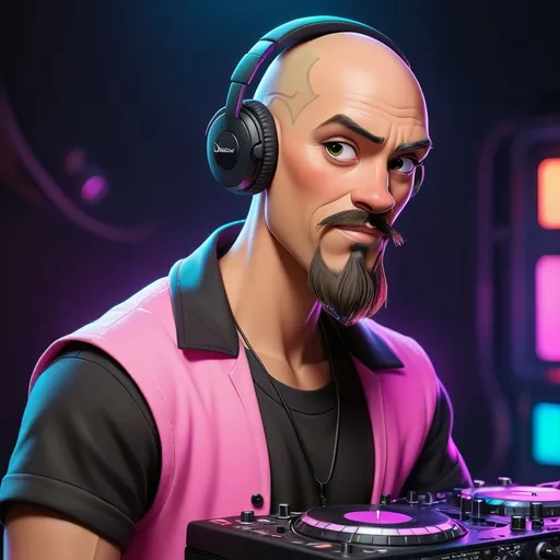 Prompt: Disney style male dj with a goatee and bald head, strong, neon