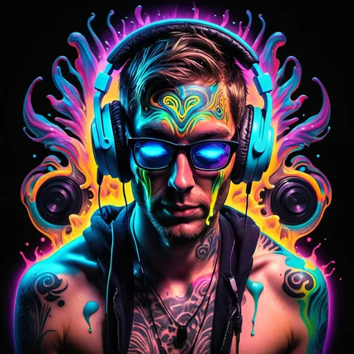 Prompt: psychedelic dj pic, melting, glowing, tattoos, headphones