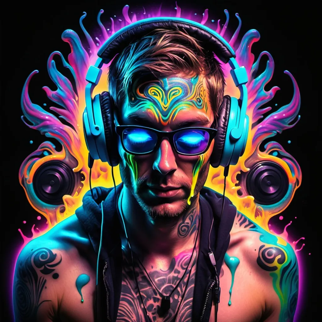 Prompt: psychedelic dj pic, melting, glowing, tattoos, headphones