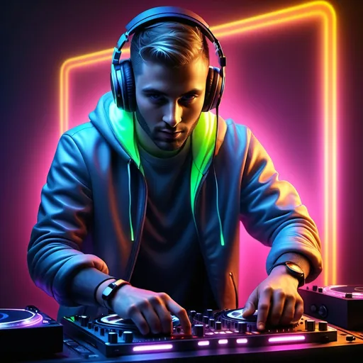 Prompt: hyper-realistic male dj with a headset spinning tunes at a dj deck, warm, glow, neon