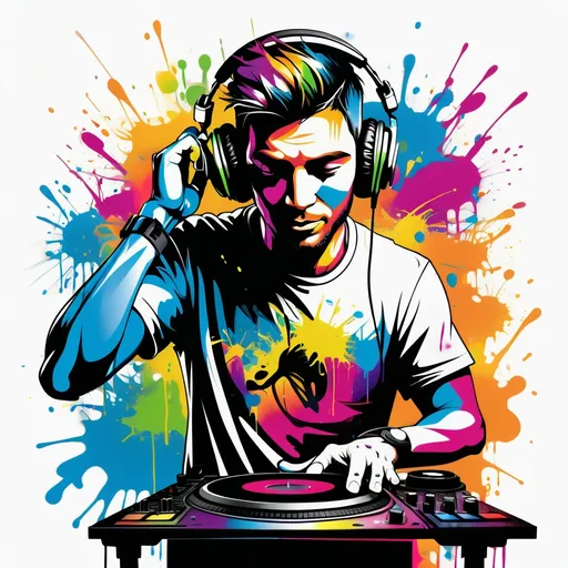 Prompt: Colorful graffiti illustration of a male dj with headphones spinning at a dj deck, paint splashes, vector t-shirt art, white background