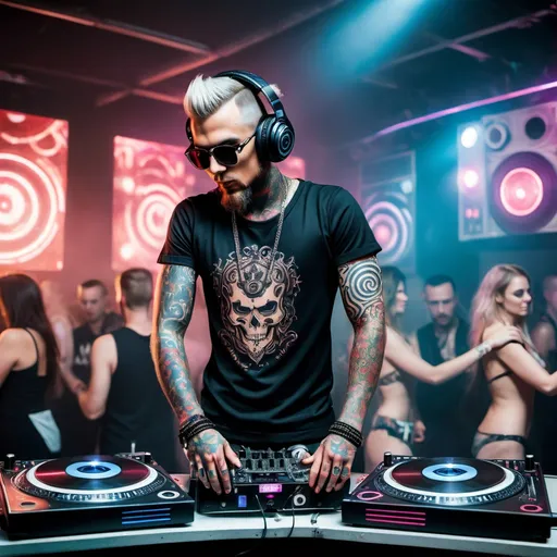 Prompt: A fantasy dj at the decks wearing club clothing looking very cool with full body tattoos