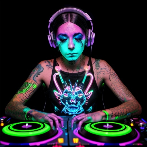 Prompt: Neon dj pic, melting, glowing, tattoos, headphones, turntables, microphone