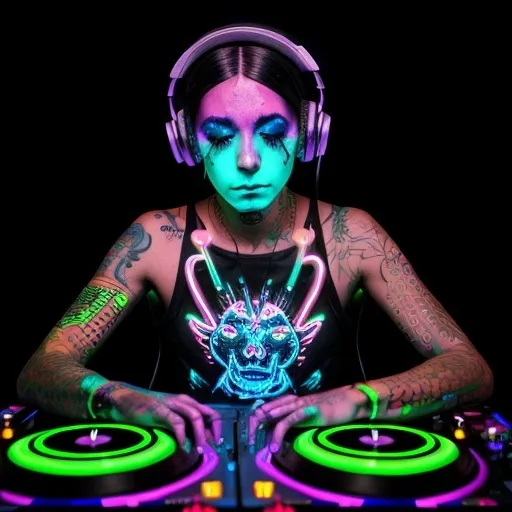 Prompt: Neon dj pic, melting, glowing, tattoos, headphones, turntables, microphone