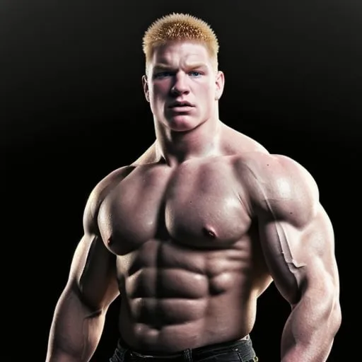 Prompt: Young Brock Lesnar standing confidently, muscular physique, realistic digital painting, intense expression, high-definition, detailed muscle definition, realistic, dramatic lighting, neutral tones