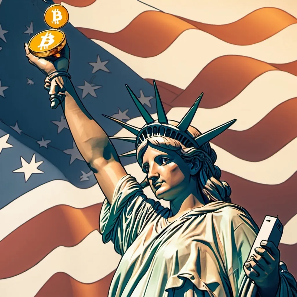 Prompt: statue of liberty holding bitcoin 
