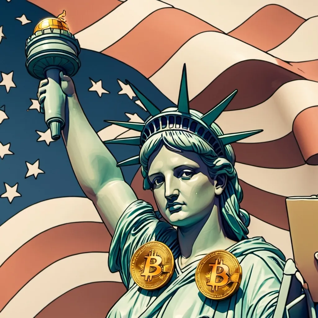 Prompt: statue of liberty holding bitcoin 
