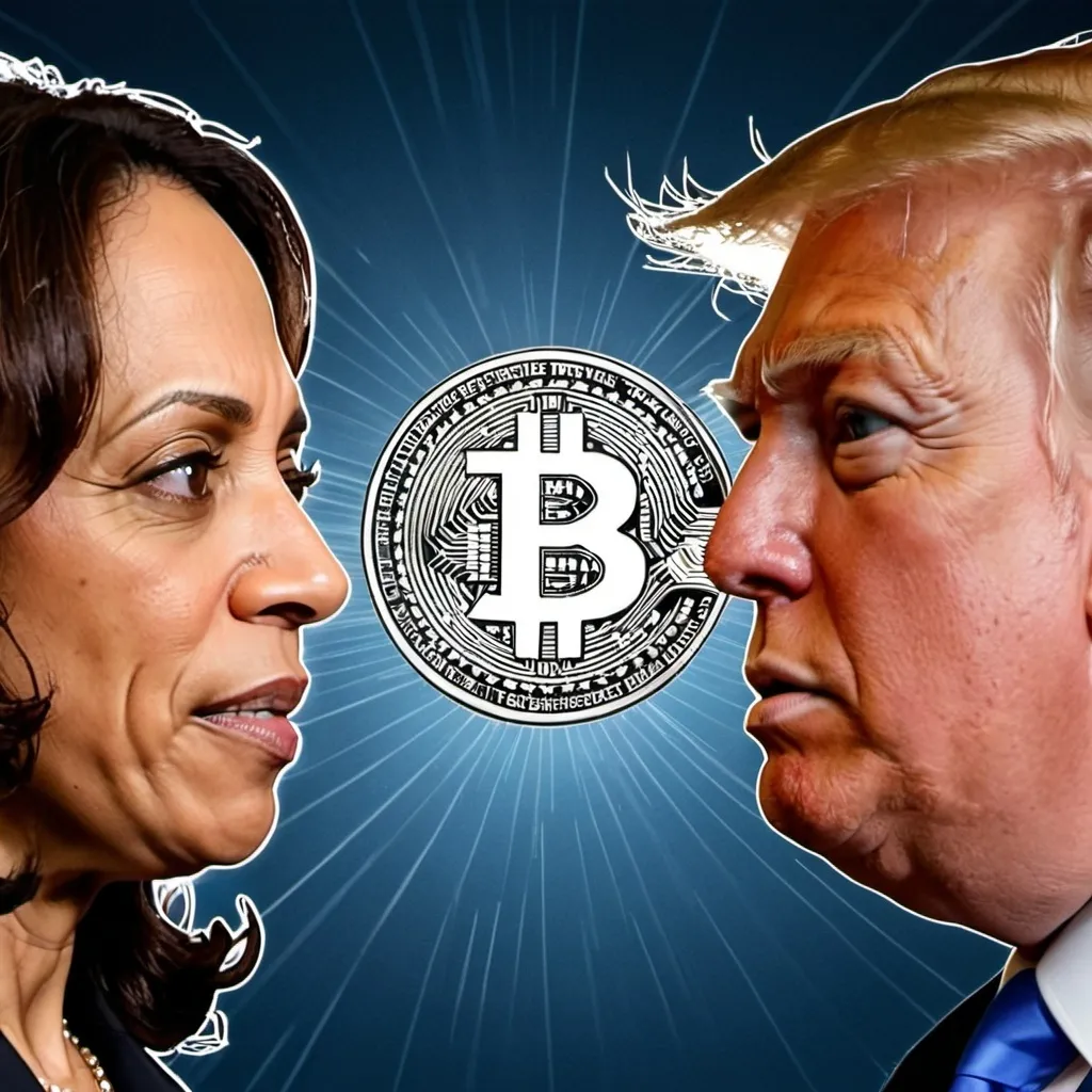 Prompt: kamala harris and Donald trump with bitcoin reflection in their eyes



