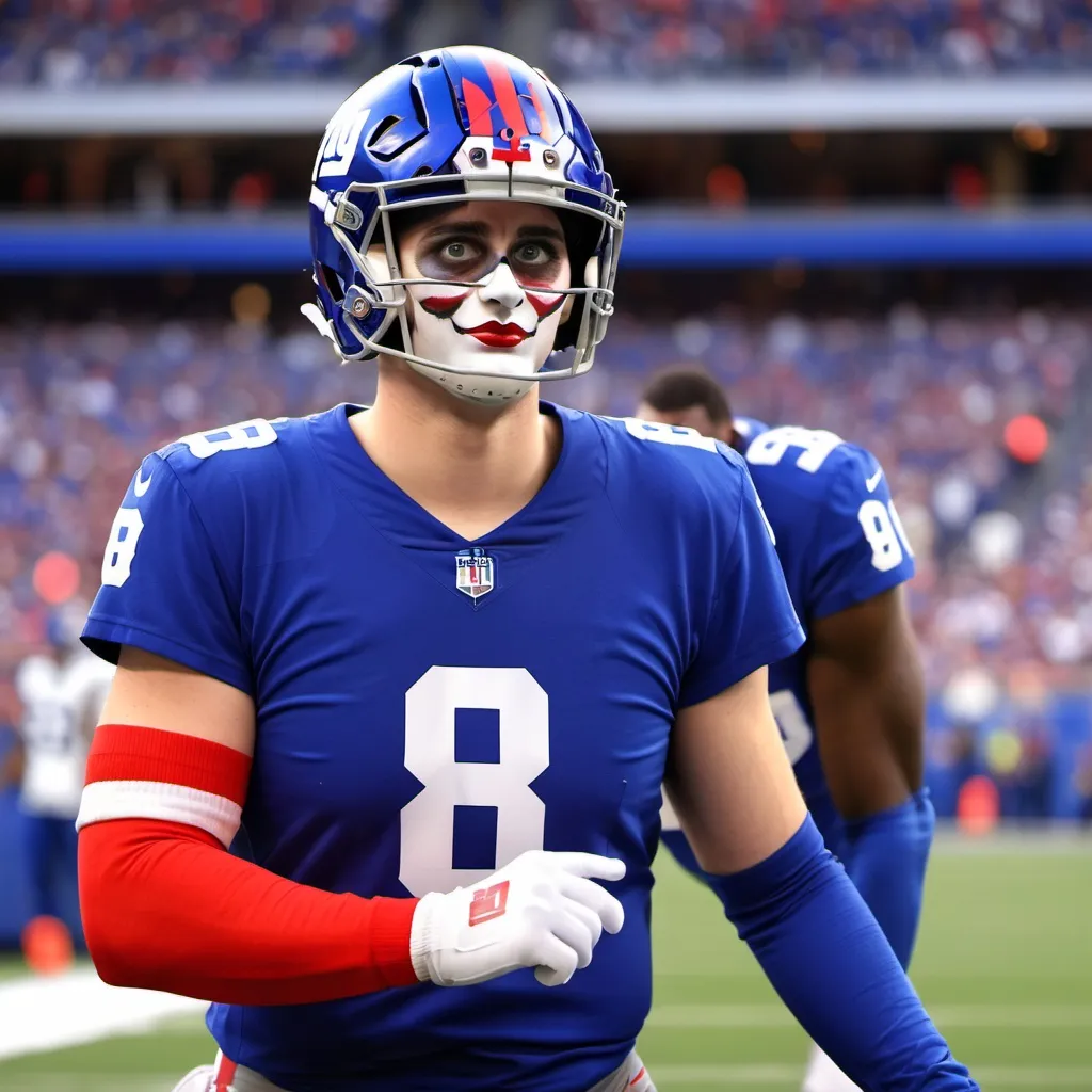 Prompt: daniel jones in his new york giants uniform with the number 8 as a clown