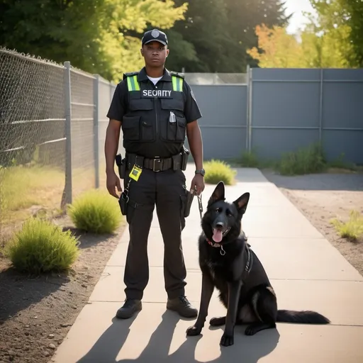 Prompt: A vigilant male security officer stands guard outside a restricted land site which is very green. He is in his 20s, wearing a black uniform complete with a cap and badge, and a reflective safety vest, looking friendly. A utility belt with standard security tools, such as a flashlight and walkie-talkie, hangs around his waist. He holds the leash of a sleek black German Shepherd, the dog alert and attentive, wearing a security vest. The land site is surrounded by a sturdy perimeter fence with 'No Trespassing' signs, and construction materials are scattered within. Surveillance cameras are visible on poles around the site. The time is late afternoon, with the golden hour light casting long shadows, adding a sense of vigilance and readiness to the scene.