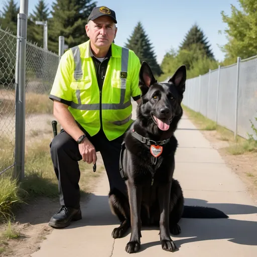 Prompt: A vigilant male security officer stands guard outside a restricted land site which is very green. He is middle-aged, wearing a black uniform complete with a cap and badge, and a reflective safety vest, looking friendly. A utility belt with standard security tools, such as a flashlight and walkie-talkie, hangs around his waist. He holds the leash of a sleek black German Shepherd, the dog alert and attentive, wearing a security vest. The land site is surrounded by a sturdy perimeter fence with 'No Trespassing' signs, and construction materials are scattered within. Surveillance cameras are visible on poles around the site. The time is late afternoon, with the golden hour light casting long shadows, adding a sense of vigilance and readiness to the scene.