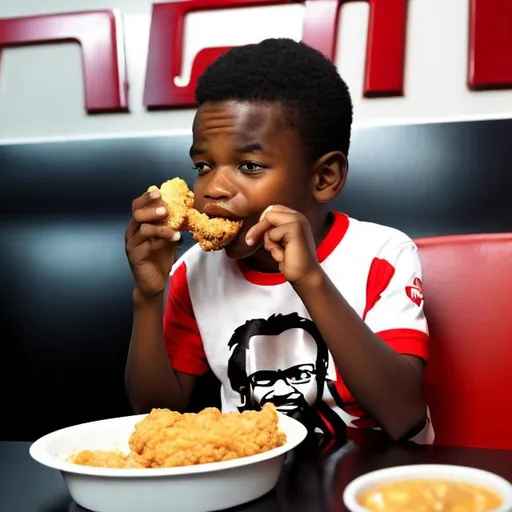Prompt: black kid eating kfc