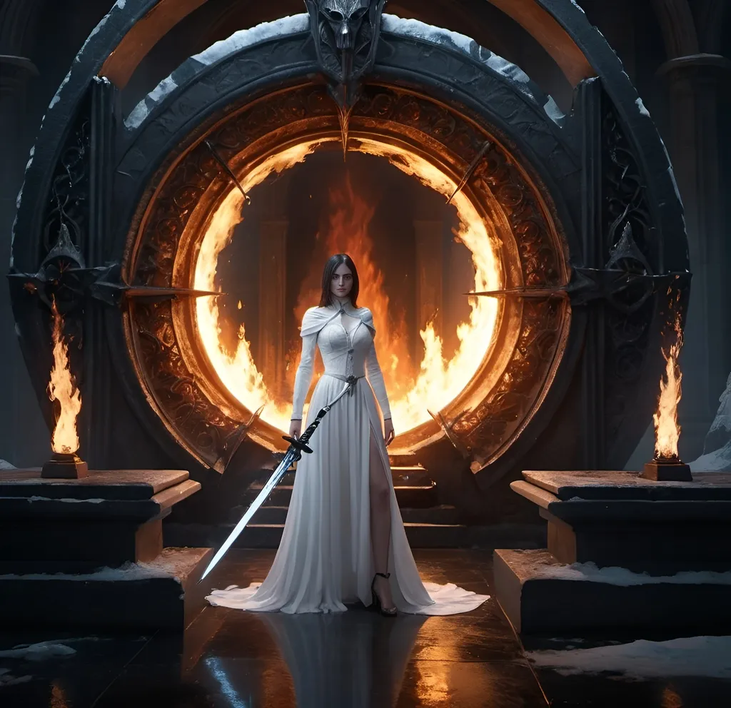 Prompt: a woman in a white dress standing in front of a fire and ice portal with a sword in her hand, Cedric Seaut (Keos Masons), gothic art, screenshot, a screenshot