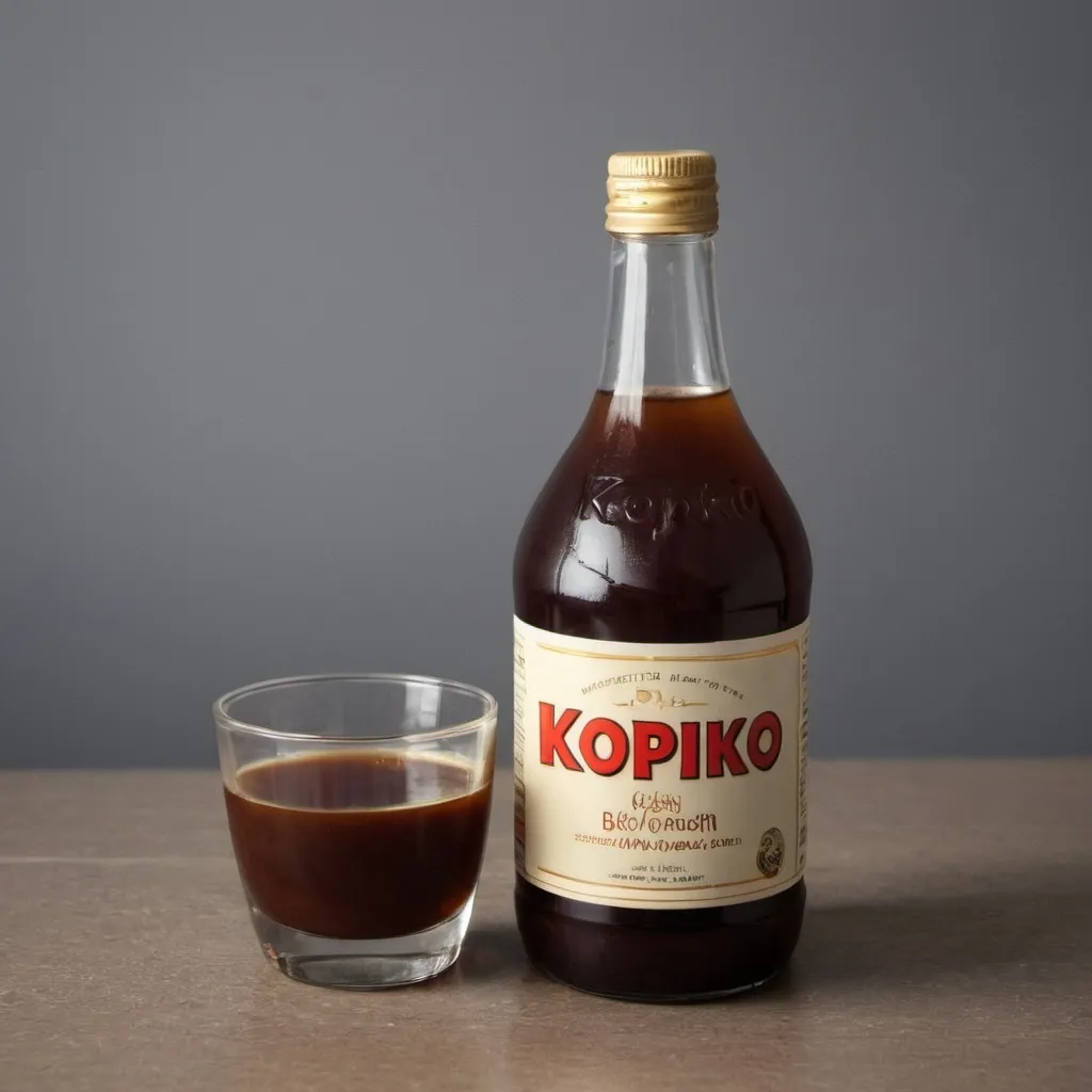 Prompt: Kopiko brown coffee in a rhum bottle