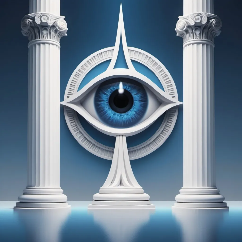 Prompt: A Logo (White background), (blue foreground), three pillars, two large pillars flanking a smaller pillar in the center, a mystical eye hovering over the middle pillar, minimalistic design, crisp and clean aesthetics, contrasted colors for clarity, serene atmosphere, high-quality 4K resolution, ultra-detailed composition, conceptual art exploring vision and perception. 
