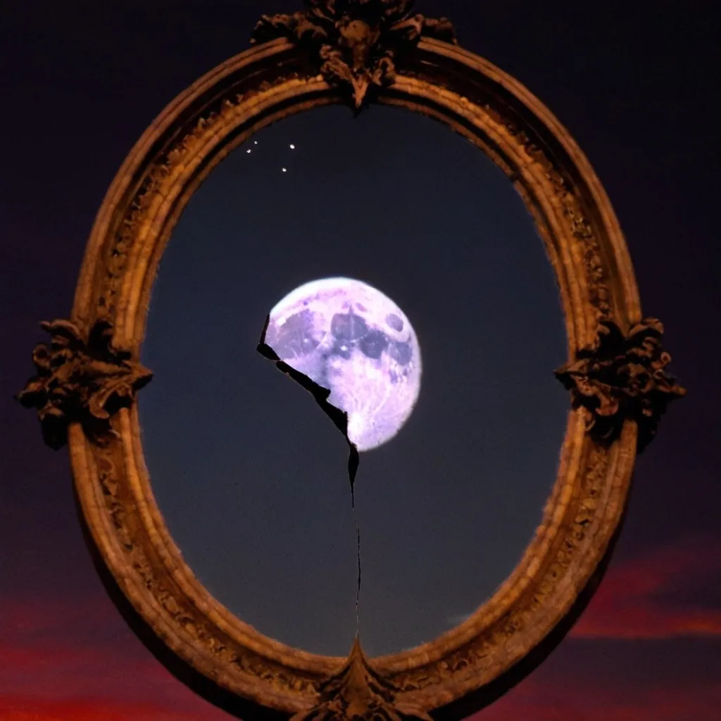 Prompt: A close-up shot of a shattered mirror reflecting a fragmented landscape of a moon in the sky.  surrounding the mirror its dark a gothic painting as you will