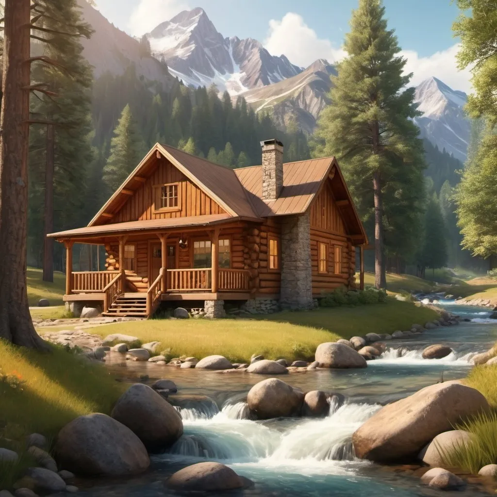 Prompt: Cozy wooden cabin nestled in the serene mountains surrounded by lush pine trees situated near a clear, sparkling mountain stream