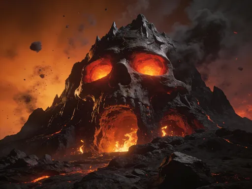 Prompt: A mountain shaped like a skull with firey caves for eyes