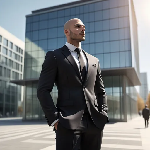 Prompt: (accurately spelled text "zaza"), sophisticated man in a (tailored suit), standing confidently in front of a modern building, (urban environment), visionary atmosphere, (photorealistic), sharp focus, bright daylight illuminating the scene, emphasizing the structure and sign, inviting ambiance, high quality image, (4K), capturing a dynamic blend of professionalism and ambition.