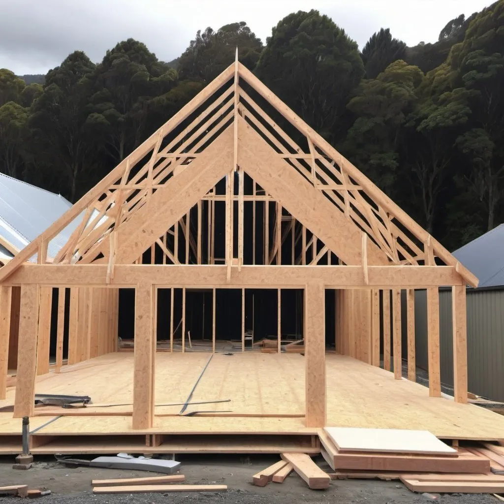 Prompt: a new zealand 3 bedroom wooden pitched iron roof house at the framing stage with trusses on  
