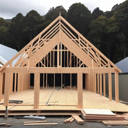 Prompt: a new zealand 3 bedroom wooden pitched iron roof house at the framing stage with trusses on  
