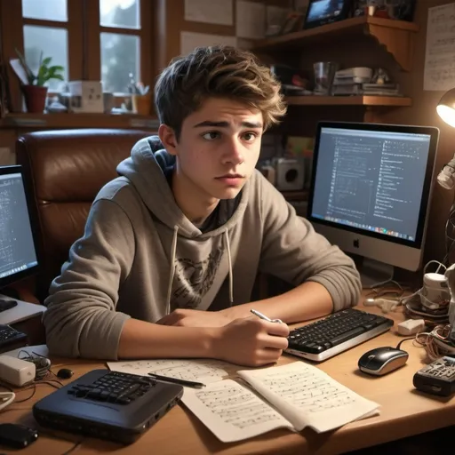 Prompt: teenager sitting before computer confused