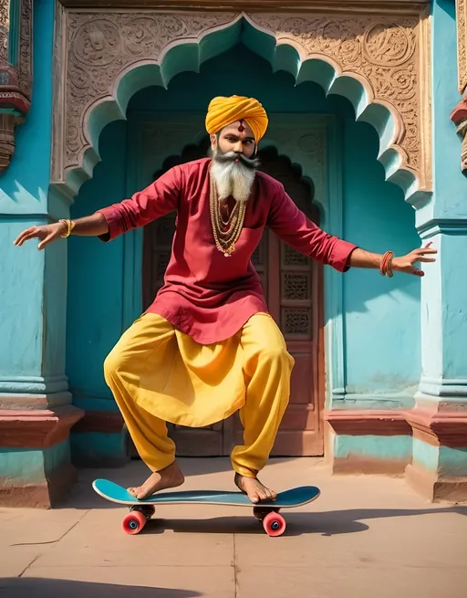 Prompt: Rajaneesh riding skateboard in traditional regal yellow clothes, red necklaces, wearing no shoes, colorful Indian building, detailed beard, professional, vibrant, high quality, traditional, regal, skateboard, colorful building, detailed clothing, Indian culture, vibrant colors, majestic beard, dynamic pose, sunny lighting