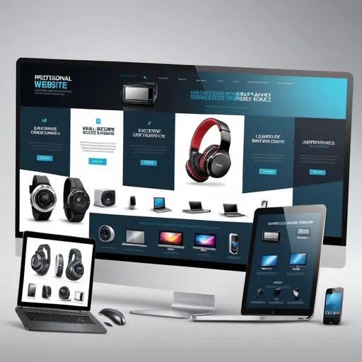 Prompt: "Design a professional website banner featuring a wide range of electronics and gadgets. Include items such as smartphones, laptops, tablets, cameras, headphones, and smart home devices. Ensure the layout is sleek, modern, and highlights the variety and innovation of the products."