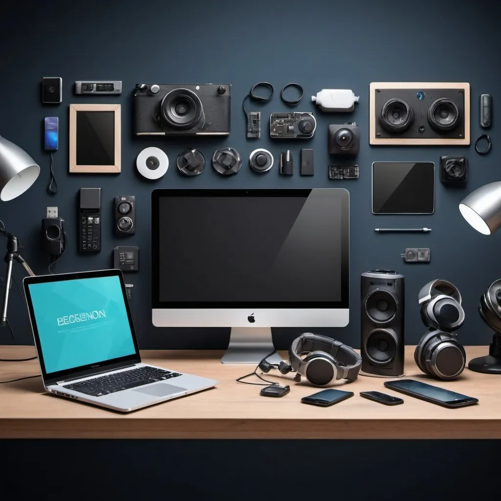 Prompt: "Design a professional website banner featuring a wide range of electronics and gadgets. Include items such as smartphones, laptops, tablets, cameras, headphones, and smart home devices. Ensure the layout is sleek, modern, and highlights the variety and innovation of the products."