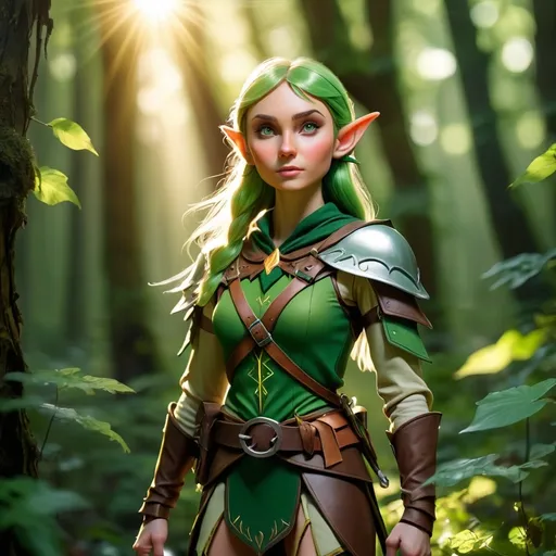 Prompt: Elf ranger in a mystical forest around sunlight