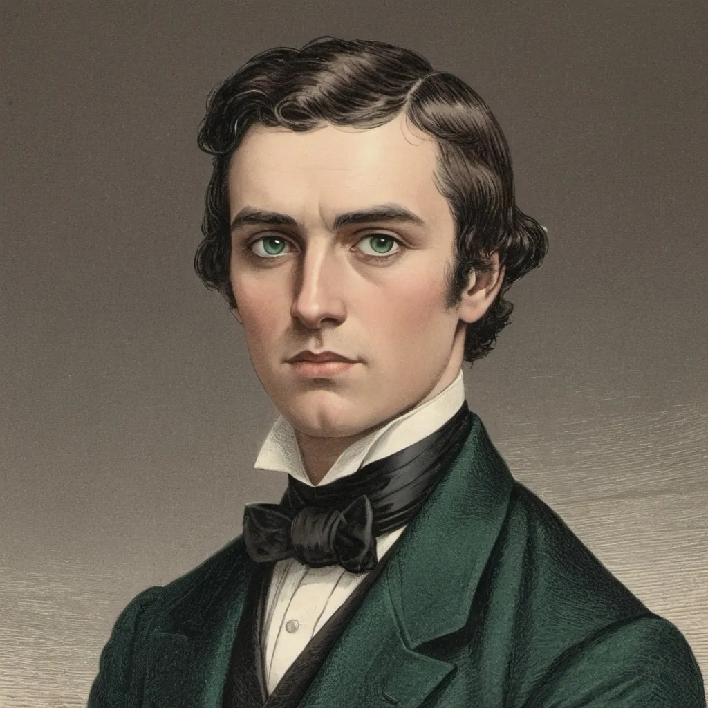 Prompt: Hand-colored vintage engraving. 25-year-old man, tall, dark hair with reddish nuances. Dark green eyes in evidence. Wearing formal clothes.