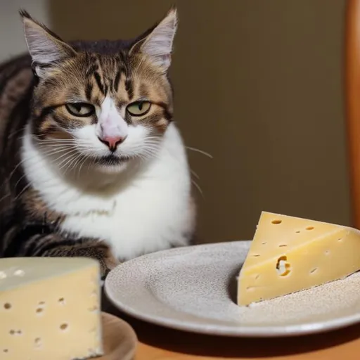 Prompt: Cat eats a slice of cheese that has mold on it 