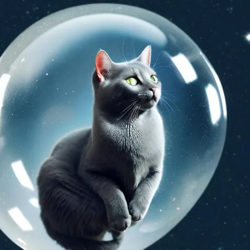 Prompt: A grey cat floating in space in a bubble