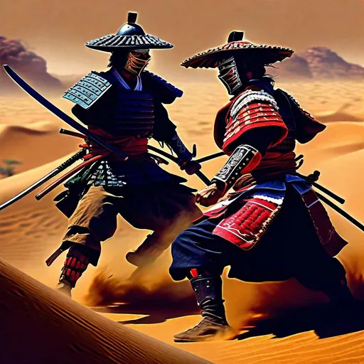 Prompt: Japan samurai vs Mexican revolutionary in the desert, high-res, intense battle, oil painting, realistic, dramatic lighting, detailed armor, intricate weapons, dusty atmosphere, traditional vs modern, historical clash, desert landscape, dynamic action, epic showdown, vibrant colors, powerful stance, intense expressions, desert battle, traditional vs modern, dusty atmosphere