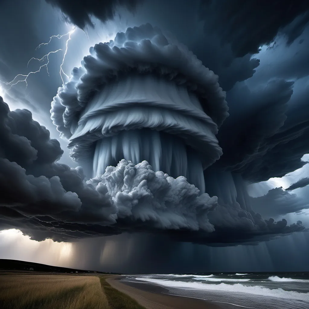 Prompt: (ciel orageux), dramatic clouds swirling, tempestuous skies filled with deep gray and hints of midnight blue, flashes of lightning illuminating the scene, turbulent winds creating an awe-inspiring spectacle, sinister ambiance, a sense of impending storm, high-resolution, ultra-detailed, artistic masterpiece capturing the raw power of nature.