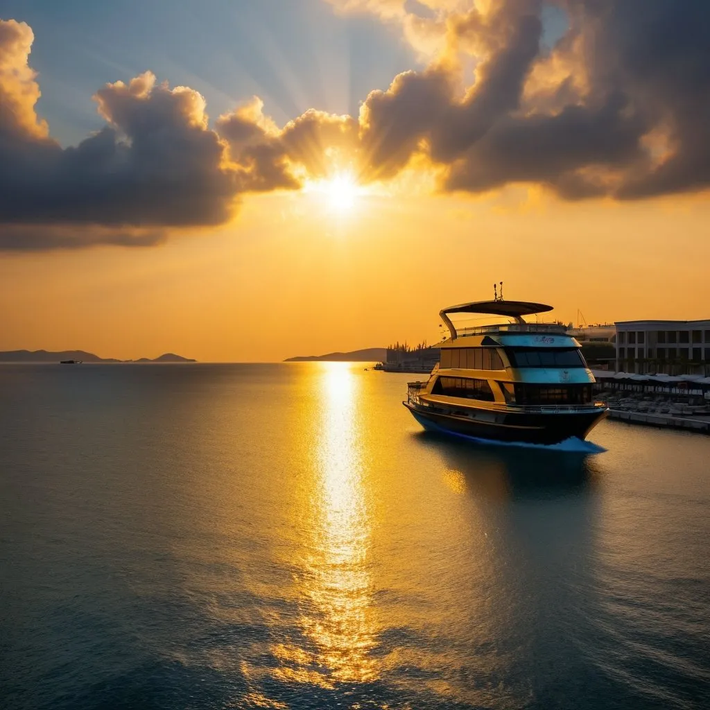 Prompt: sunrise on the sea side, a mall boat on the sea, golden sun light, some cloud on the sky