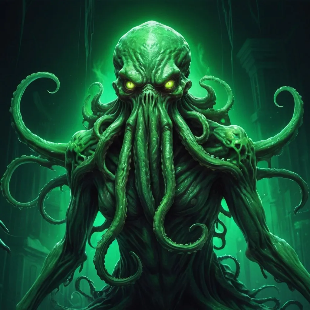 Prompt: Detailed anime illustration of Cthulhu in neon green, HP Lovecraft inspired, scary pose, extra realistic, intense fear,, ultra-detailed, anime, horror, neon green, HP Lovecraft, detailed gore, scary, wallpaper style, intense fear, atmospheric lighting