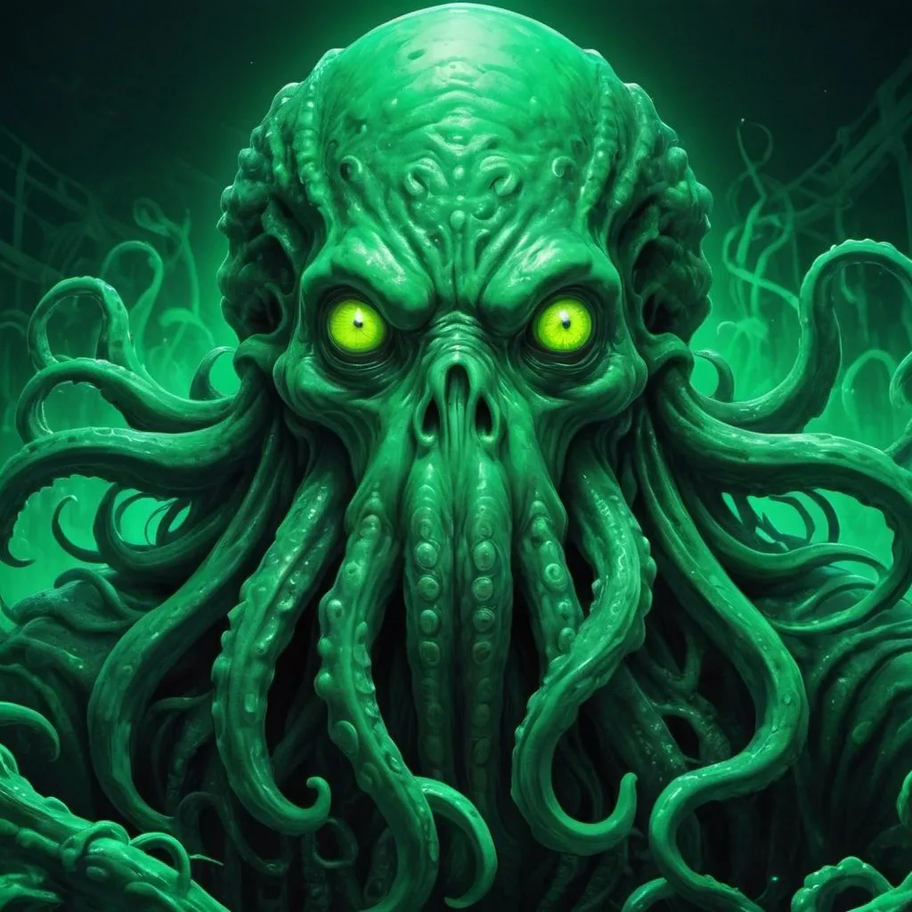 Prompt: cthulhu green neon color detailed anime style HP lovecraft fear gore wallpaper style scary