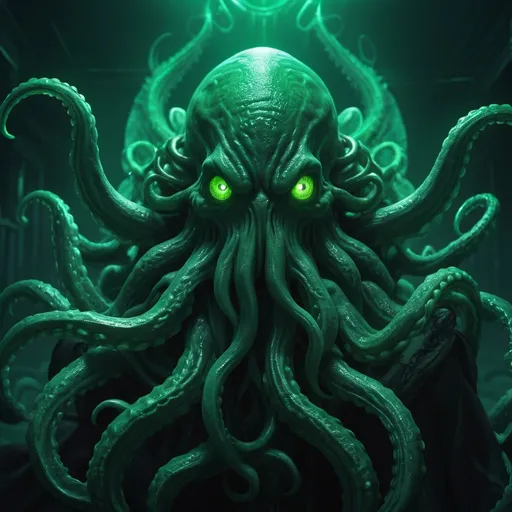 Prompt: Scary anime wallpaper of Cthulhu, dark neon green, 3D wallpaper pose, intricate tentacles, detailed eyes, eerie atmosphere, high quality, 4k, ultra-detailed, anime, dark tones, neon glow, professional, atmospheric lighting