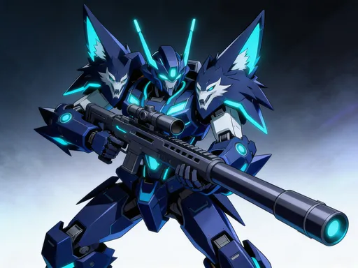 Prompt: beautiful anime-style mecha, heavily inspired by Gundam Flauros from Iron-Blooded Orphans, wolf-themed design, sharp angular armor with wolf head motifs on shoulders and chest, large wolf-ear-like antennas, navy blue and turquoise color scheme, glowing turquoise accents, holding massive high-precision sniper rifle, dynamic pose, dramatic lighting, detailed mechanical parts, anime key visual style, masterpiece, best quality --ar 3:4 --stylize 350 --v 6

