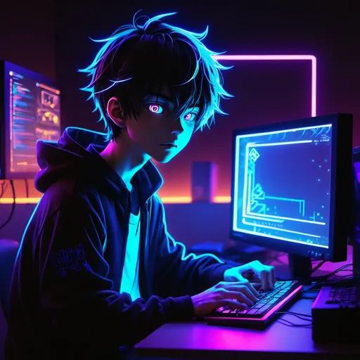 Prompt: anime boy , computer ,neon light