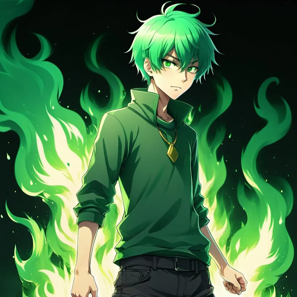 Prompt: anime green haired guy standing in green fire.